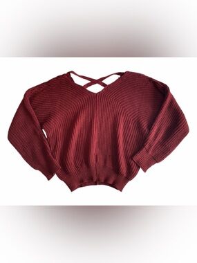 Chunky Knit Red Sweater Criss Cross Straps V Neck Cuffed Long Sleeves Women